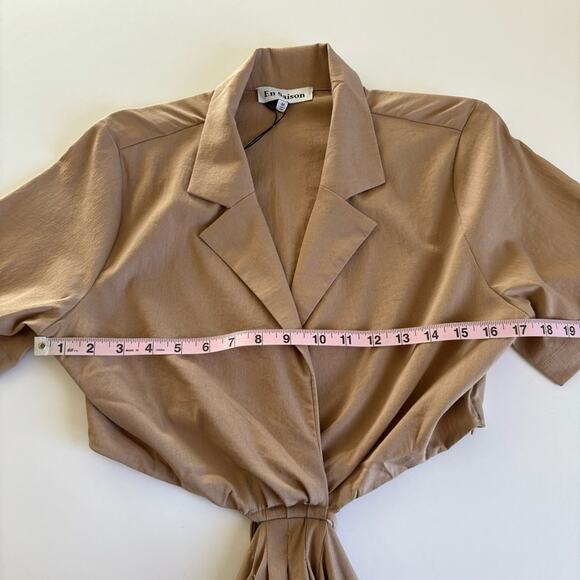 En Saison Tan Brown Beverly Shirtdress Mini Short Sleeve Cutout Dress Medium NWT - Picture 6 of 12